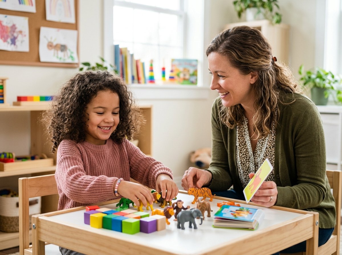 Young girl smiling during play therapy session with ABA therapist