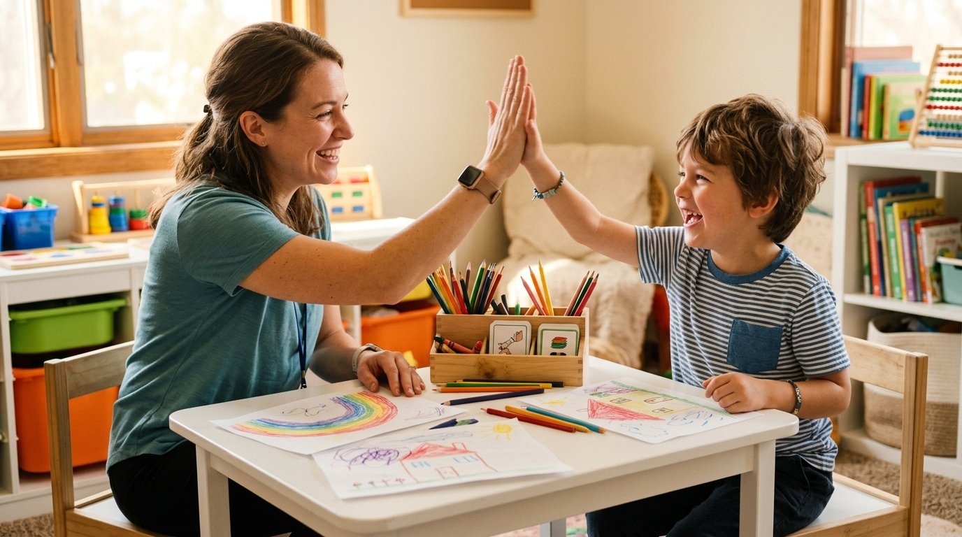 Child giving high five to therapist during drawing session