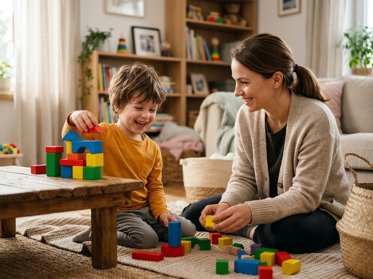 Therapist helping a young child learn through wooden building blocks